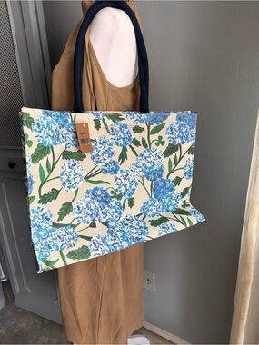 Canvas Hydrangea Tote Bag with Navy Handles